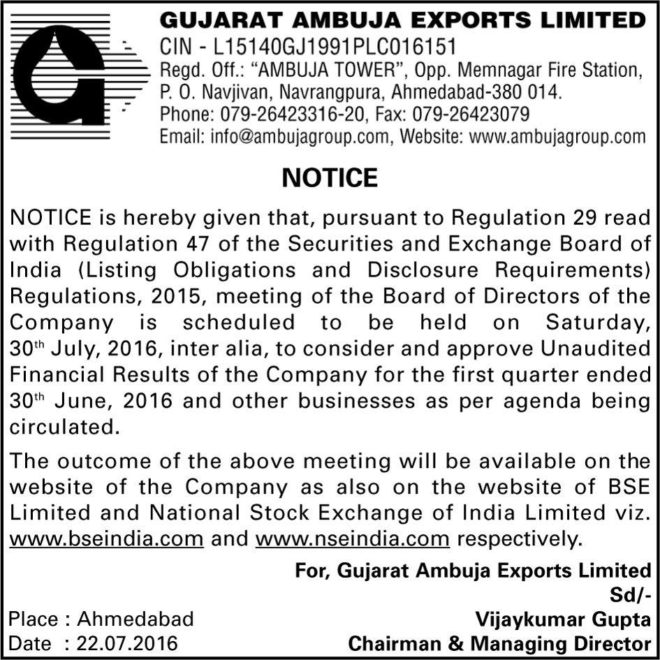 gaelnotice-230716 - Gujarat Ambuja Exports Limited